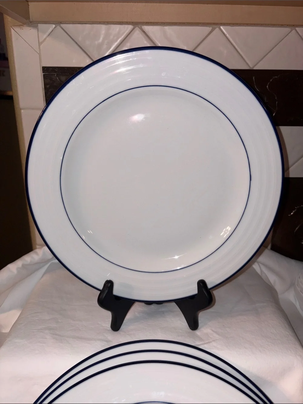 Set of 4 Crate & Barrel roulette Dinner Plates Blue Band